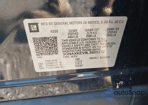 2020 Chevrolet Equinox Fwd Lt 1.5L Turbo z USA, uszkodzony, nr VIN 3GNAXKEV8LS655172